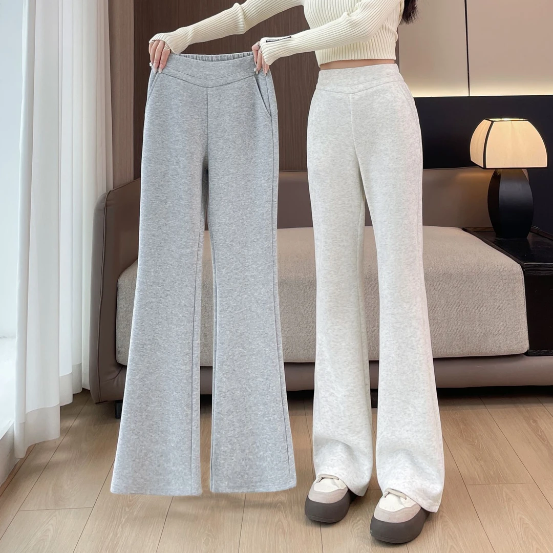 白灰色微喇叭裤女秋冬加绒2025新款高腰显瘦阔腿马蹄休闲运动卫裤