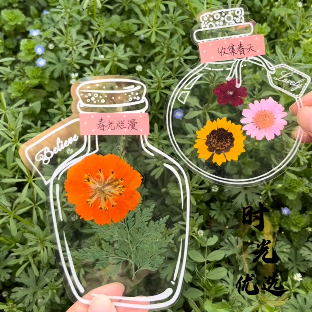 瓶子里的春天手工DIY透明贴纸创意干花书签收集春天树叶花瓣标本