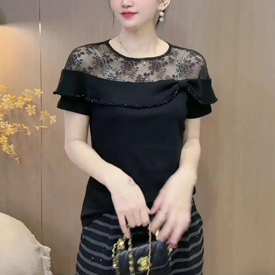 2025新款夏季斜领洋气百搭时尚减龄显瘦蝴蝶结短袖小衫T恤衣3528