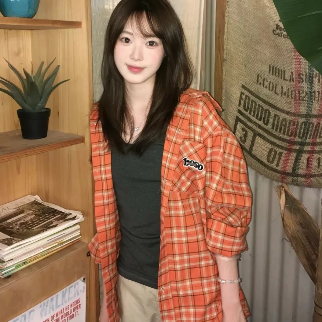 美式橙色格子长袖防晒衬衫女夏季设计感宽松慵懒衬衣外套开衫上衣
