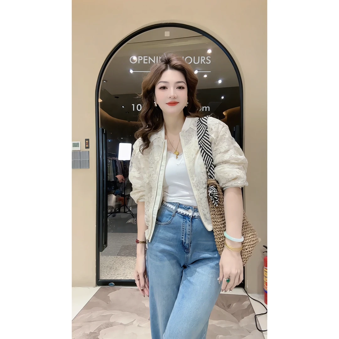 涵儿家 春夏季重工蕾丝亮丝抽绳外套 VS 高腰蕾丝拼接直筒牛仔裤