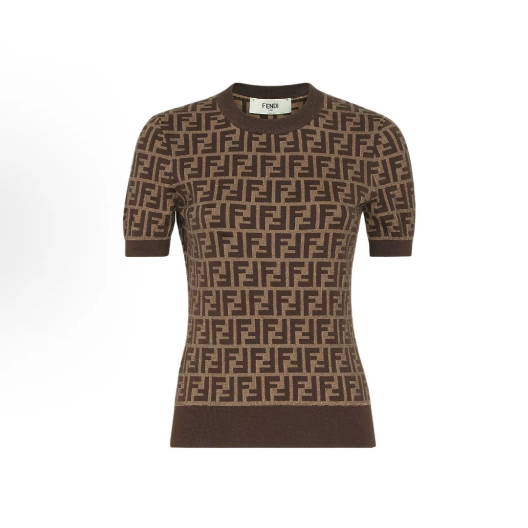 99新 FENDI/芬迪  FW24 Logo满印修身圆领短袖针织衫女款 棕色