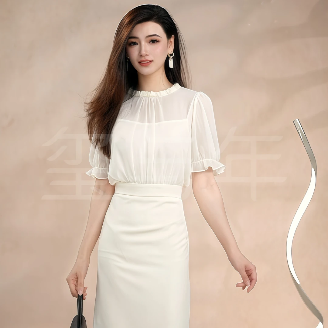 【浮生幽梦】珍珠领薄纱袖时尚法式圆领包臀优雅气质女神连衣裙