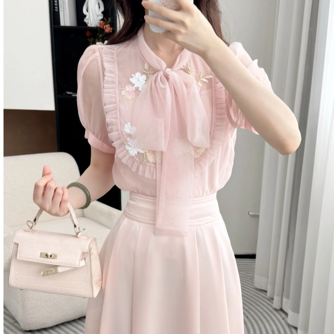 拉夏贝尔/【絮影云裾】25夏氛围甜美千金短袖上衣+半身裙 10509 lck