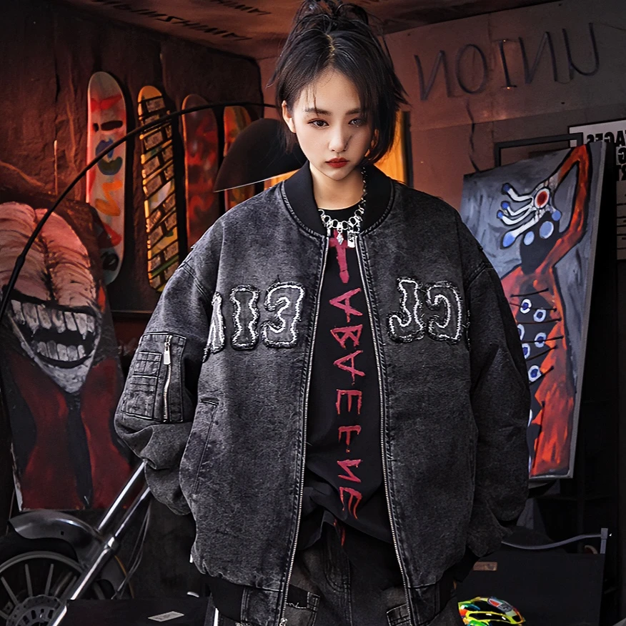 福利重磅棉服刺绣洗水做旧涂鸦牛仔拼接手绘不规则男女款