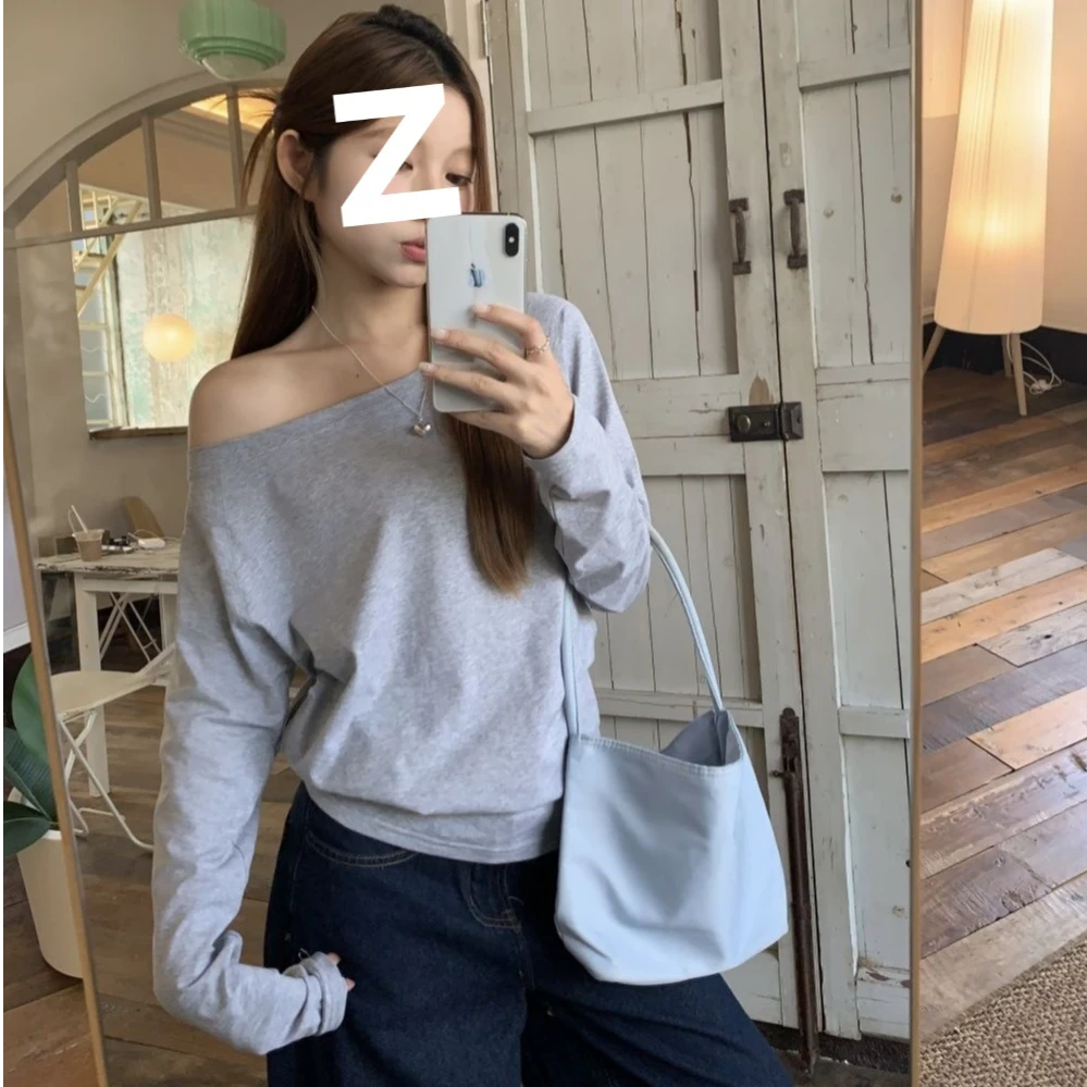 2025早秋新款设计感宽松弹力显瘦一字肩小众上衣女长袖T恤女百搭