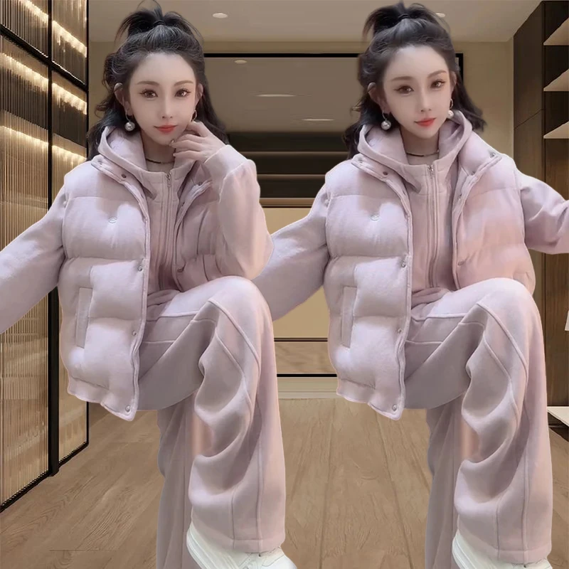 套装女秋冬季2025新款爆款韩系减龄纯色加绒加厚卫衣卫裤夹棉马甲