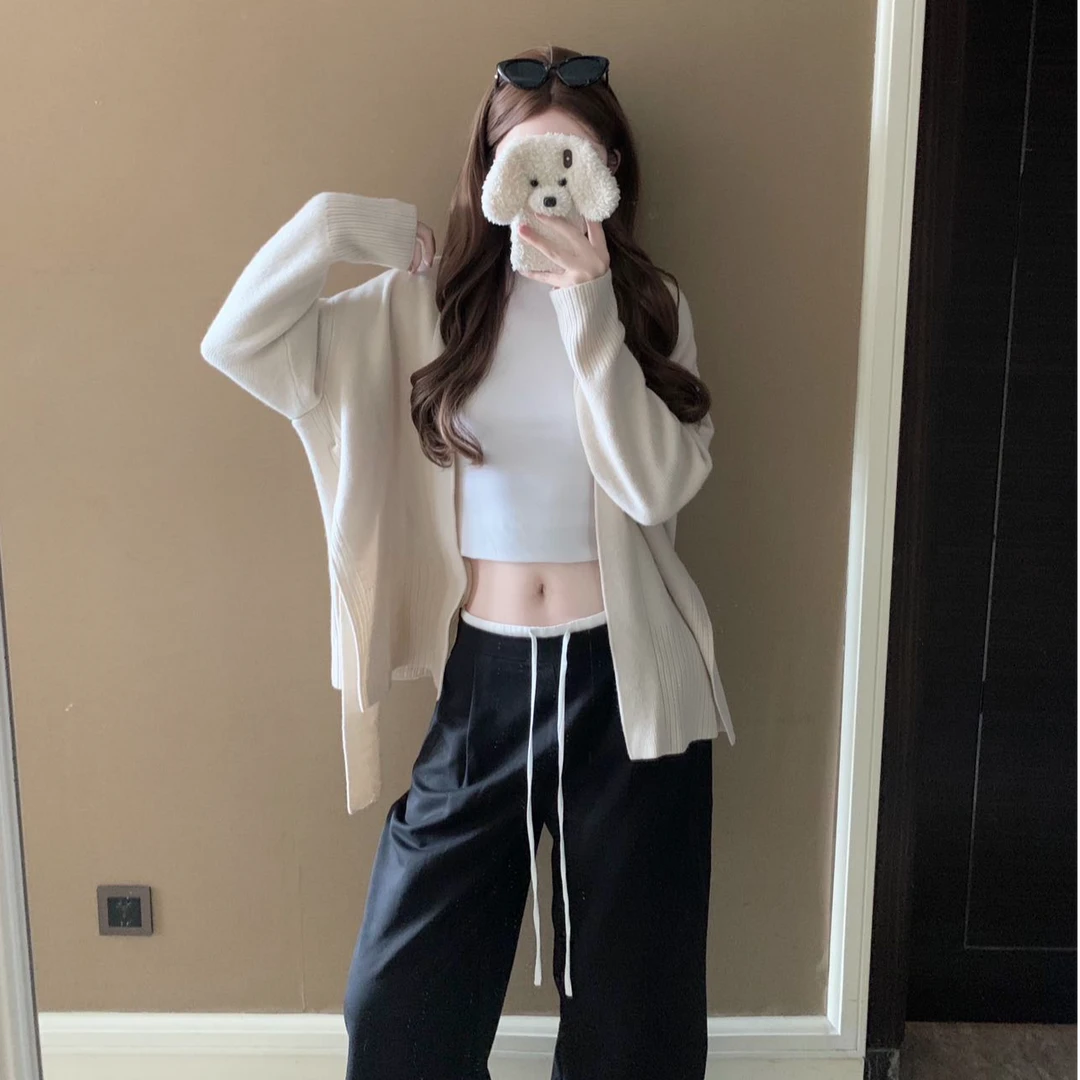 显瘦中长款开衫款毛针织衫秋季上衣时尚套装气质显瘦短袖内搭长裤