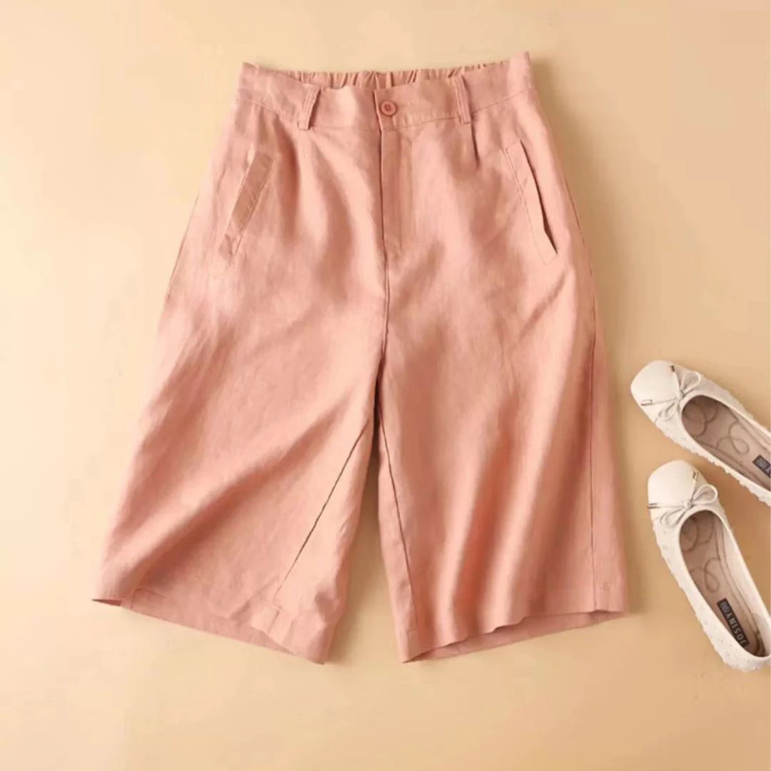 2025夏季新款文艺棉麻阔腿短裤女薄款半松紧高腰显瘦女休闲五分裤