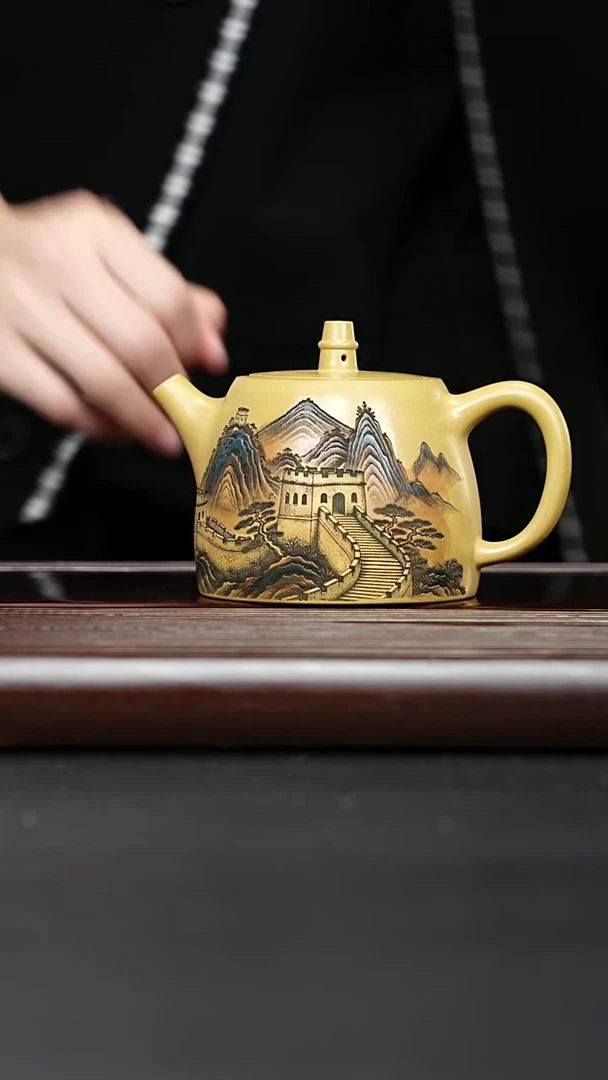 紫砂壶宜兴紫砂 山水汉铎 黄金段泥