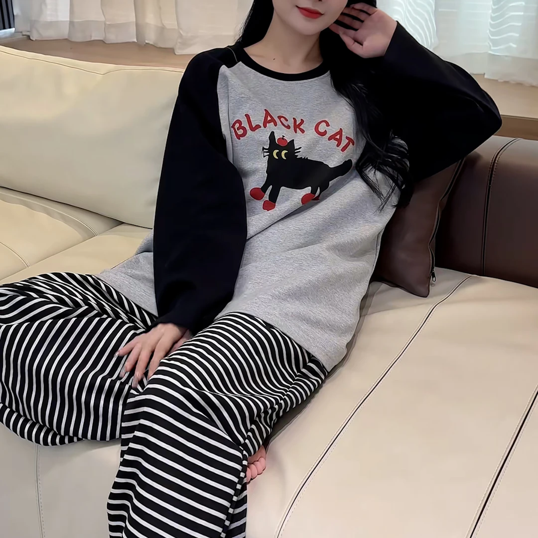 春秋季纯棉卡通减龄家居服宽松大码可外穿带胸垫防凸点睡衣女
