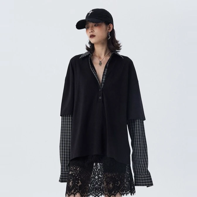 ourhour 假两件拼接 黑色格纹polo领衬衫长袖T恤 女冬设计感上衣