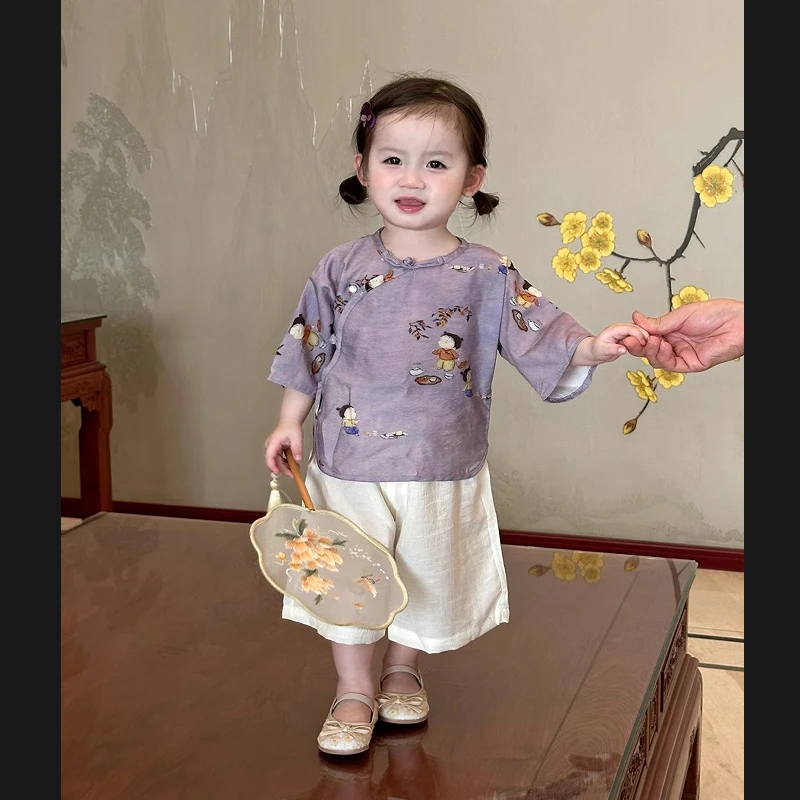 女童中国风两件套夏季女宝宝新中式禅意薄款休闲汉服分体两件套