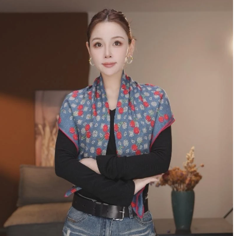达芬奇密码樱桃果90*90精致时尚双面丝毛方巾百搭小披肩秋冬围脖