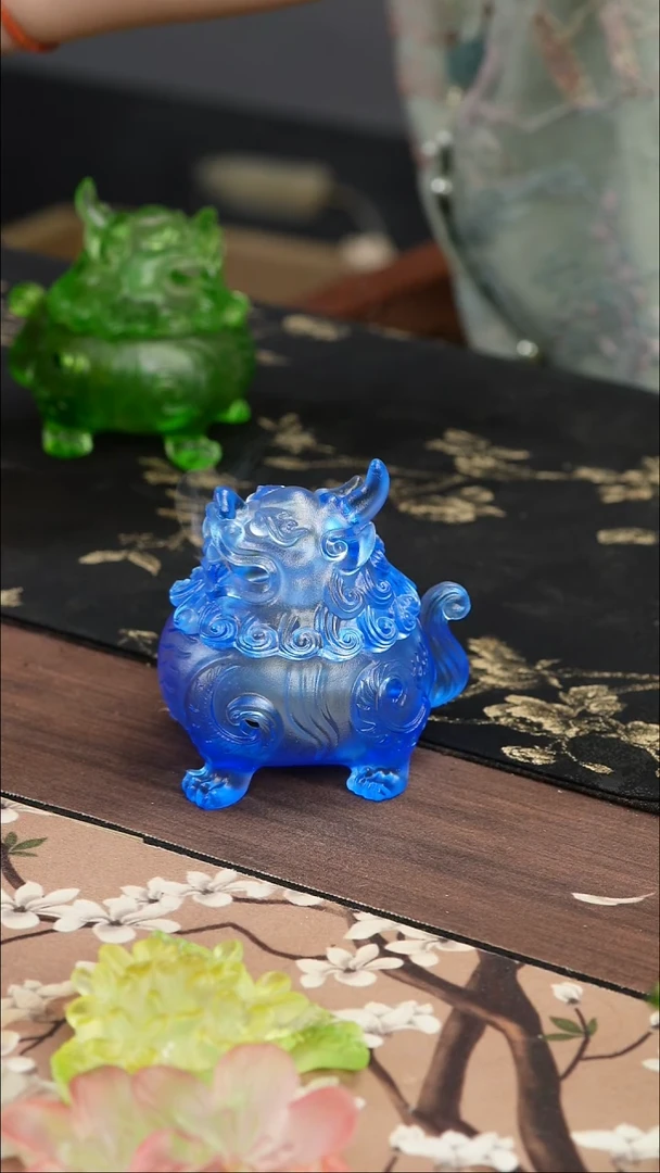 手工艺品琉璃蓝色狻猊香炉小号