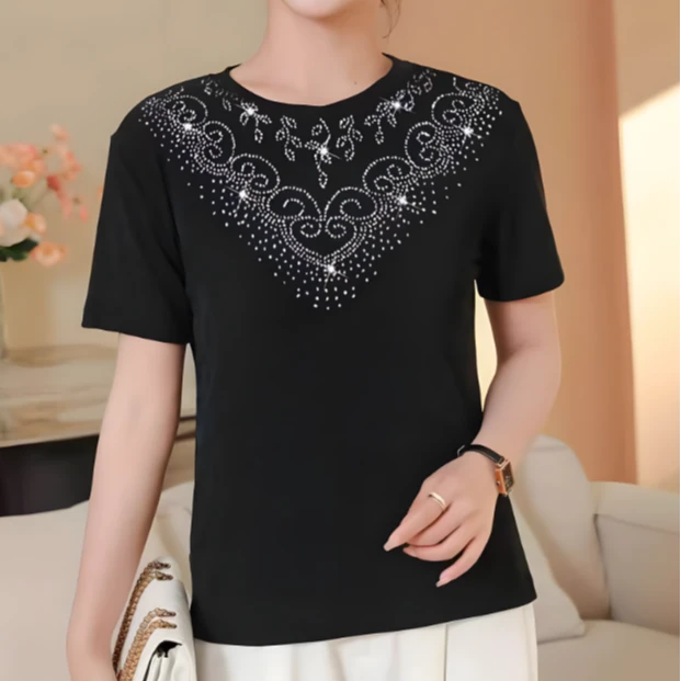 烫钻短袖t恤女夏季新款中年妈妈装重工宽松黑色圆领