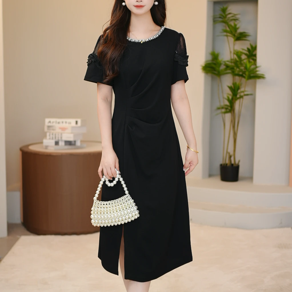 赫本风显瘦棉感软精纺连衣裙2025新款女夏季短袖刺绣奢华礼服裙子