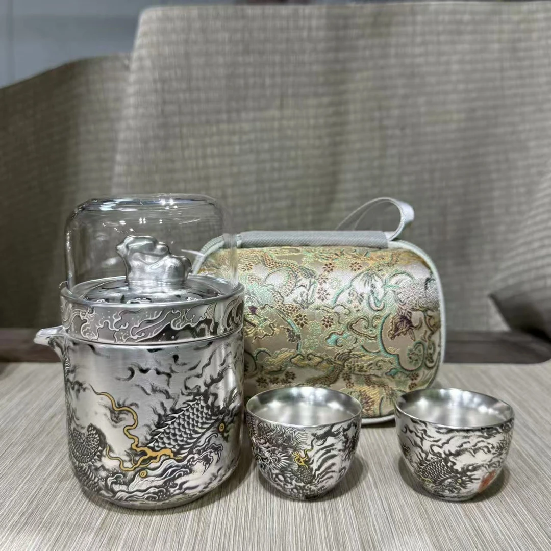 精美满工墨龙鎏银快客杯1257