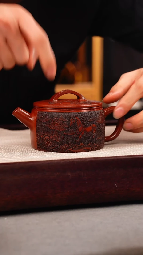 茶壶紫砂龙血砂 汉瓦 刻马