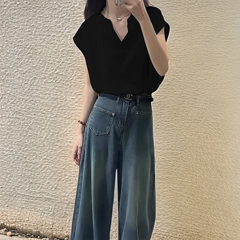 1456白色小飞袖V领上衣女新爆款宽松显瘦坎肩短袖T恤衫百搭T夏