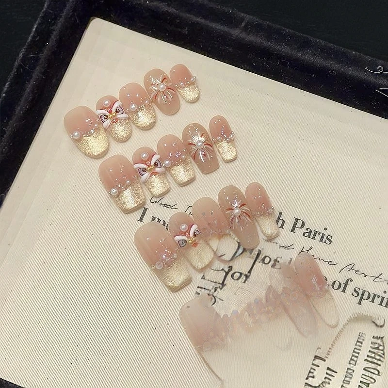 【发财醒狮】显白少女珍珠纯手工猫眼美甲烟花氛围穿戴甲高级