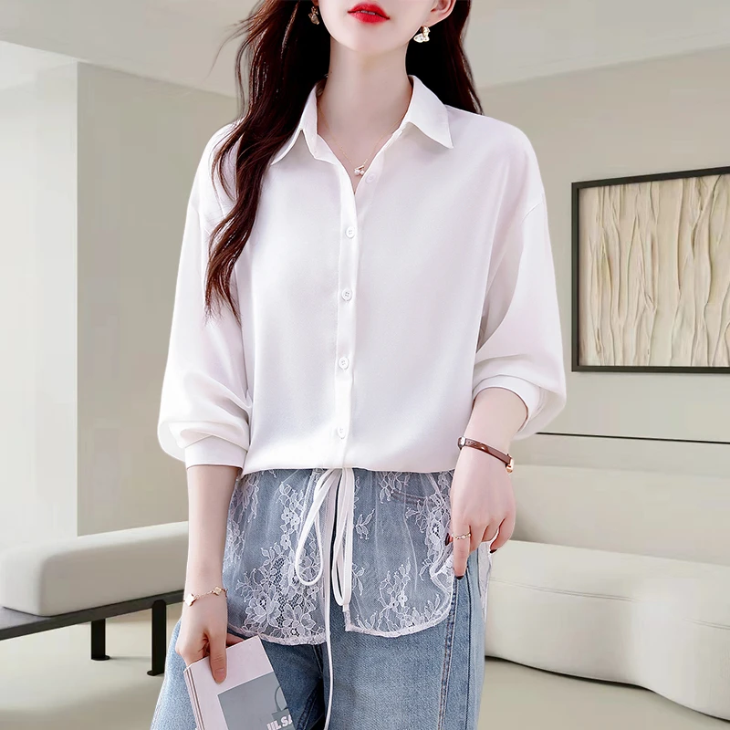 法式白色翻领长袖衬衫女2025早秋新款时尚气质蕾丝拼接设计感上衣