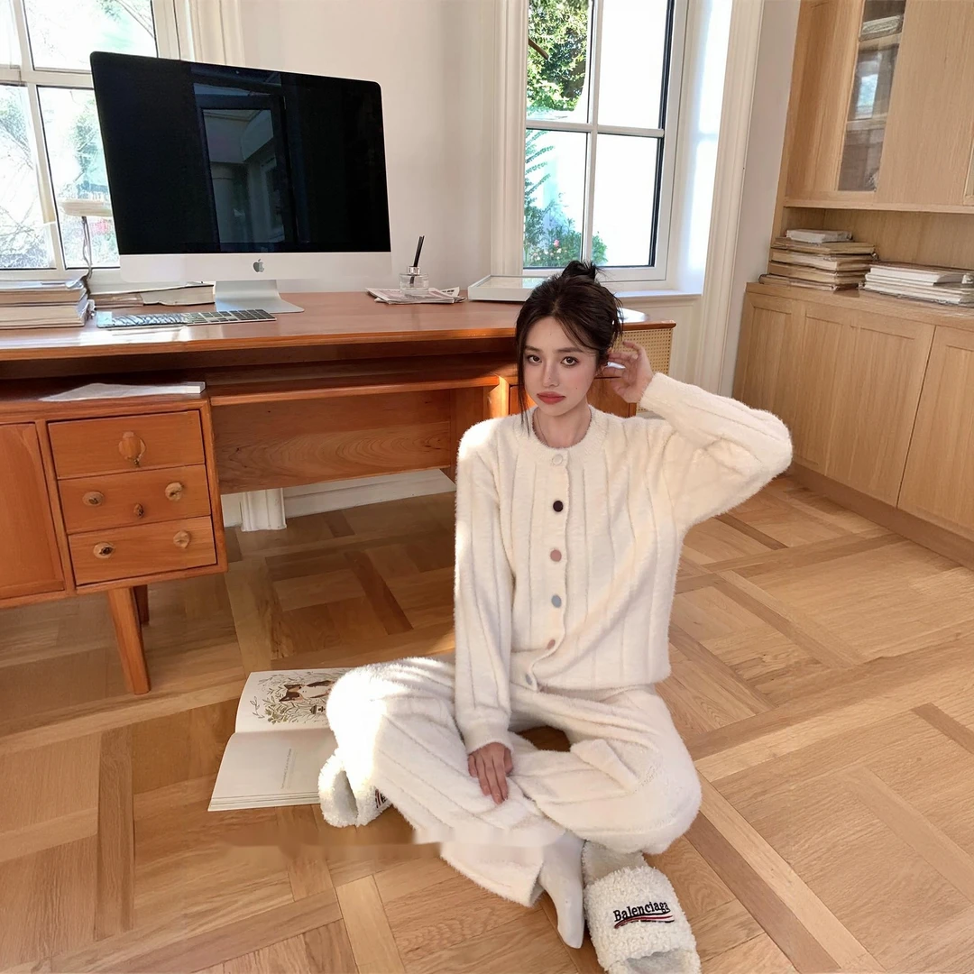 半边绒纯色坑条家居服睡衣套装秋冬女加厚加绒圆领开衫两件套宽松
