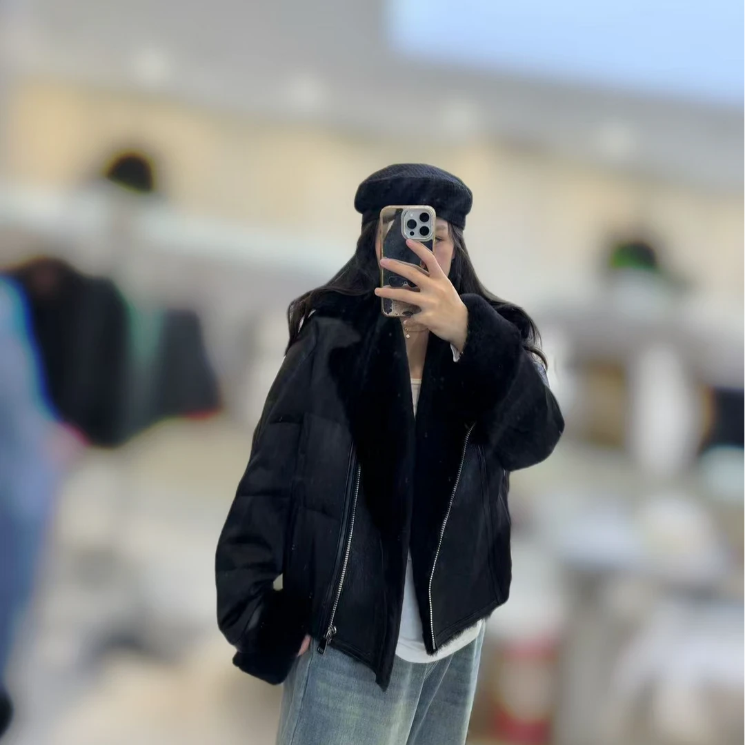 【ZERO】皮毛一体拼接  气质短款女士黑色设计师冬季时尚女外套111