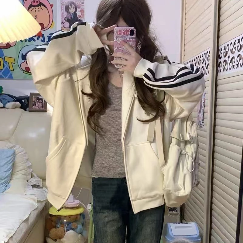 7031 YS韩系开衫连帽卫衣秋冬款加绒加厚宽松超火三条杠外套