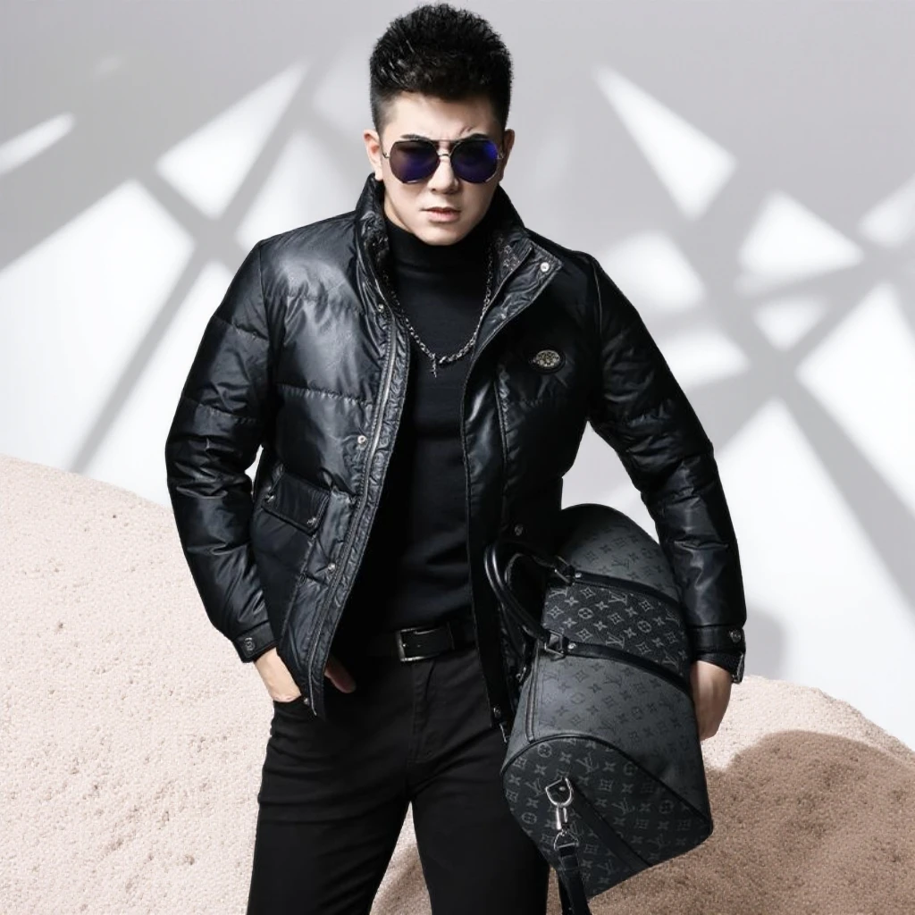 宾斯洛特时尚轻薄羽绒服男装立领保暖徽章短款冬季新款男士外套潮