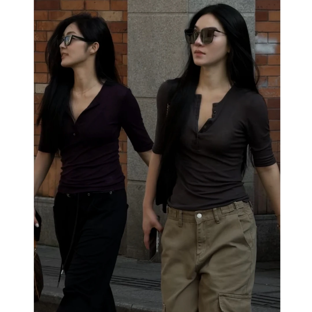 叮叮|气质高级显廋纯色五分袖T恤1673