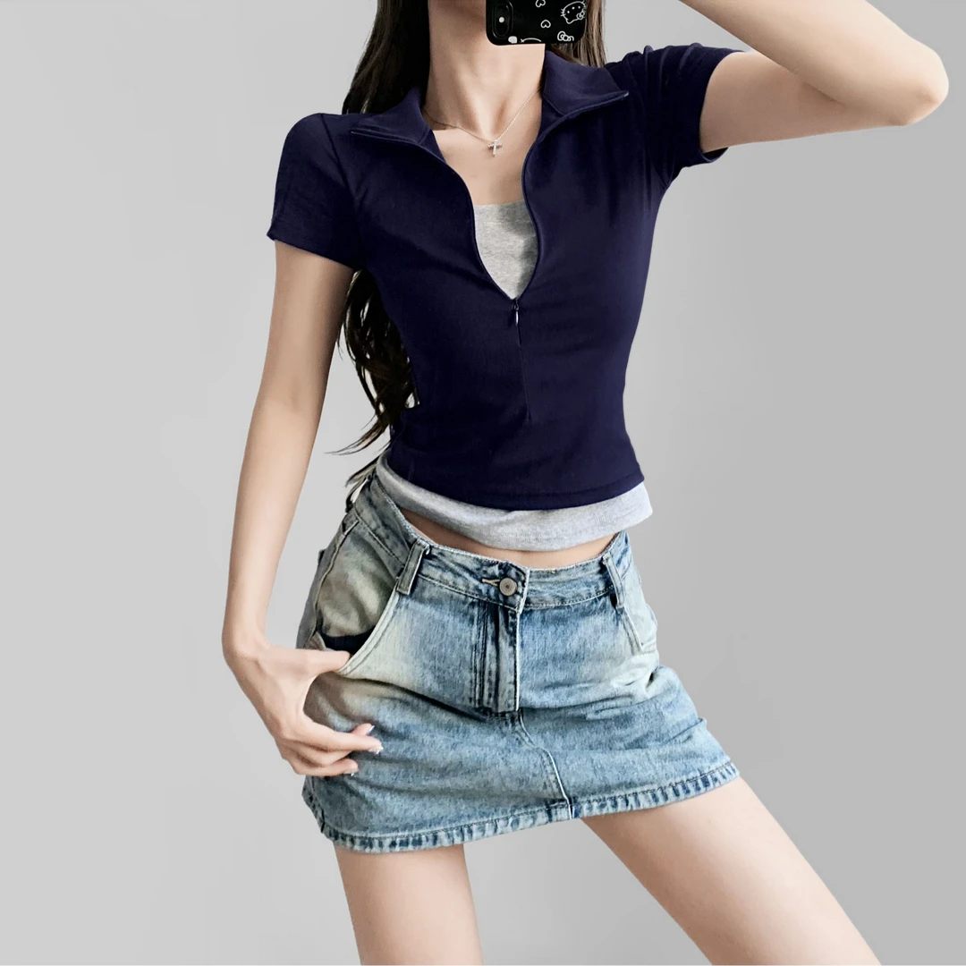 Beaunasloe美式假两件女2025夏季简约明朗修身显瘦正肩短袖T恤