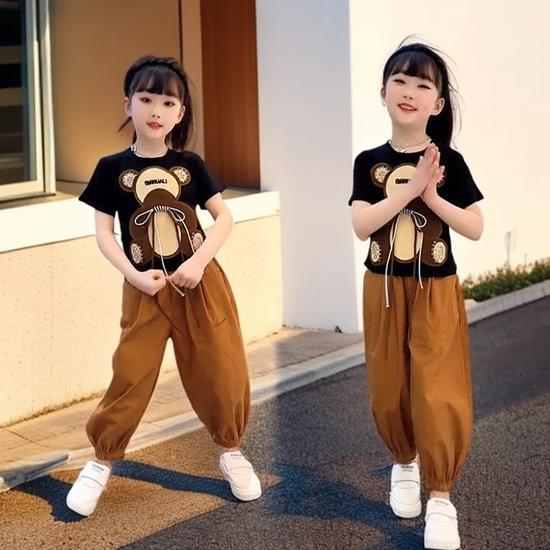 夏季套装2025薄款女童卡通风运动夏装韩版童装时尚女童休闲宽松