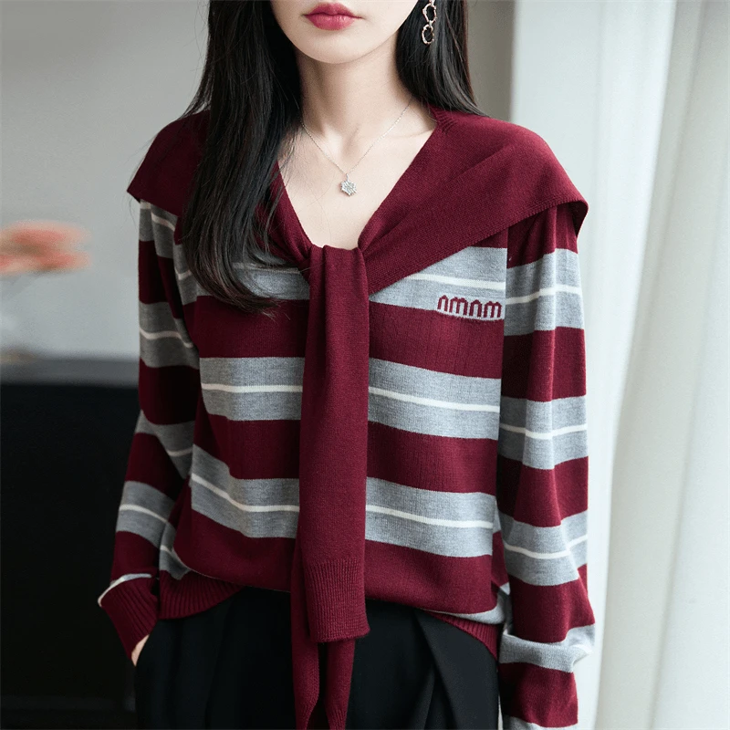 微胖mm设计感条纹披肩针织衫女秋季新款宽松气质V领长袖毛衣外穿