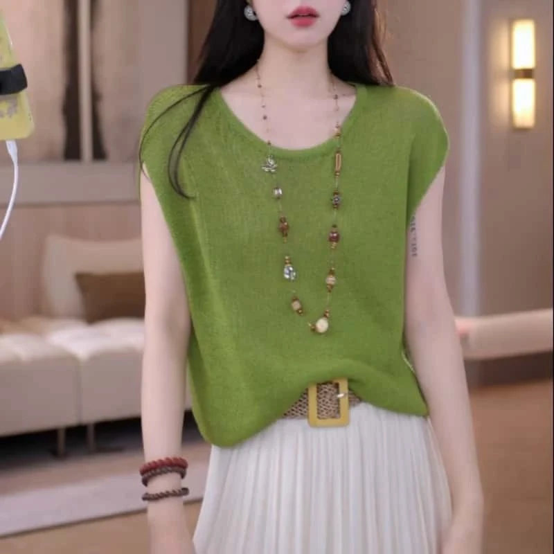 夏季宽松洋气纯色短袖针织衫2025新款时尚圆领设计高级休闲上衣