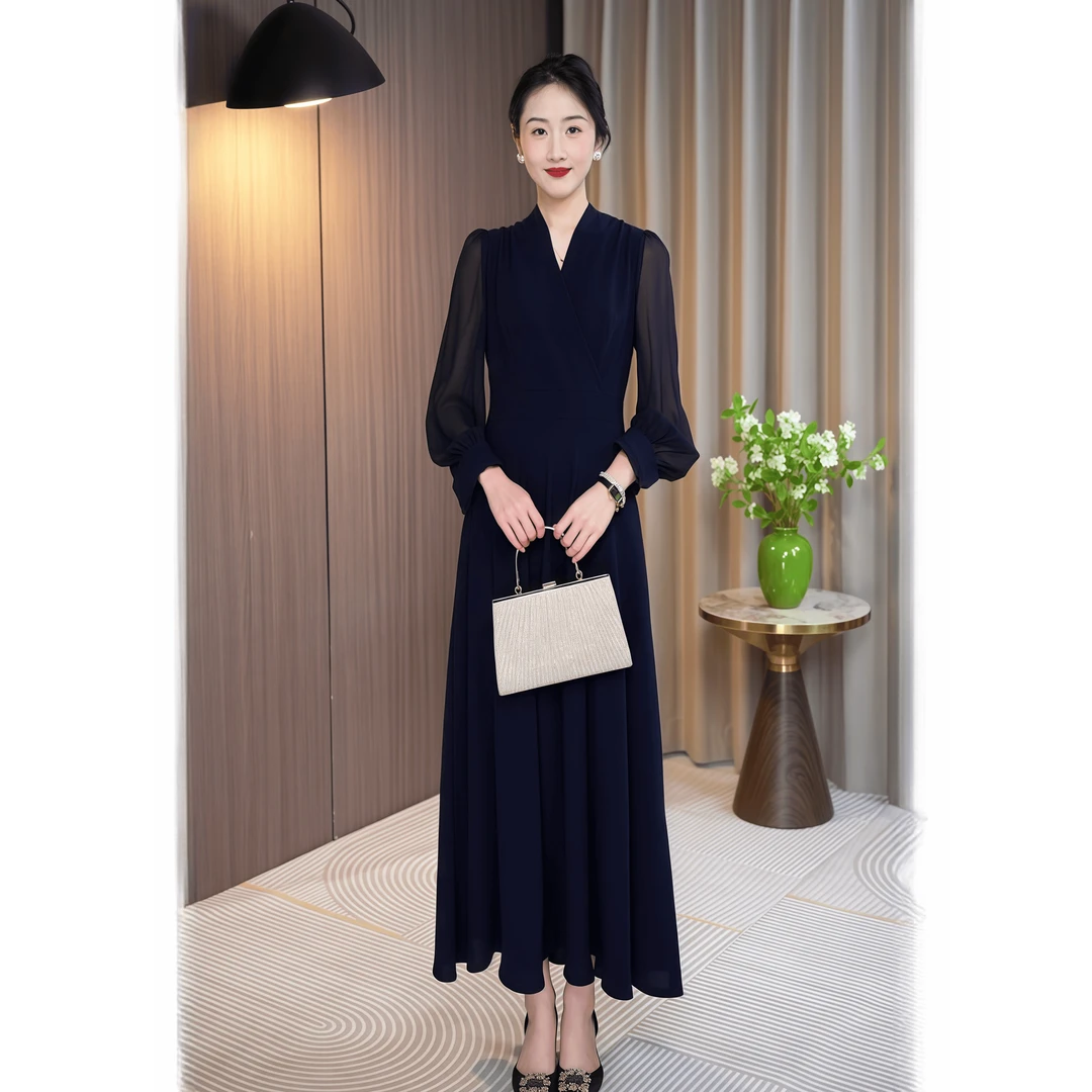 夏季新款显瘦气质长袖轻奢时尚修身优雅打底女士长款收腰连衣裙