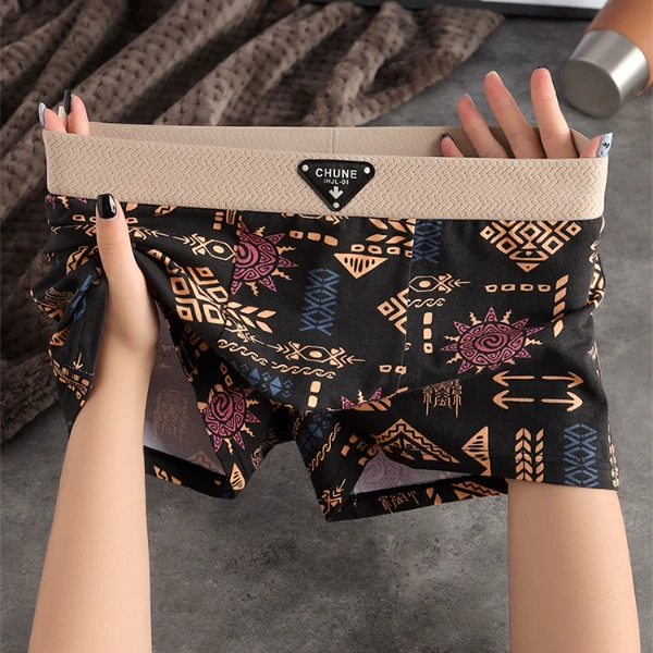 复古棉质男士内裤男中腰男生透气平角裤潮流玛雅图腾印花四角裤