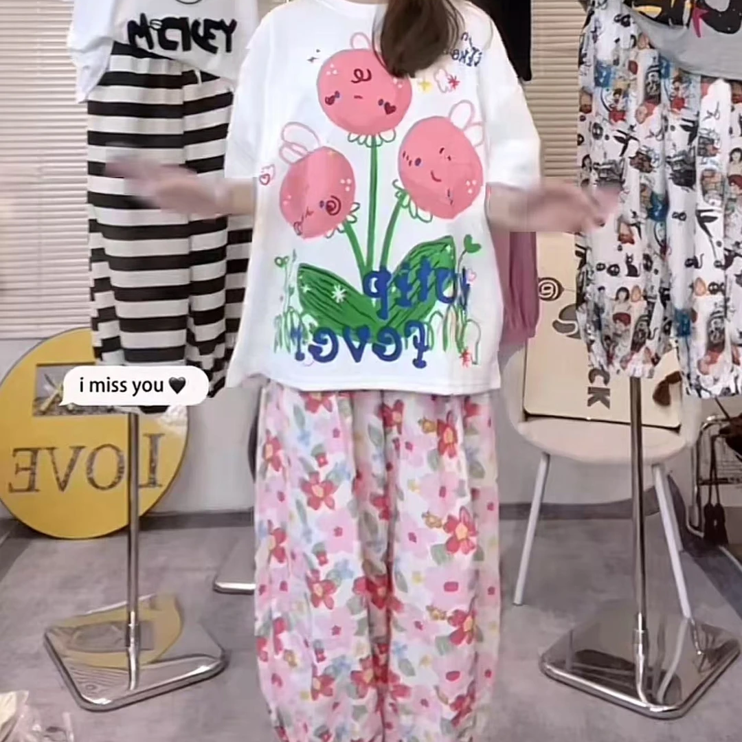 大码女装粉色花苞短袖花朵束脚裤套装