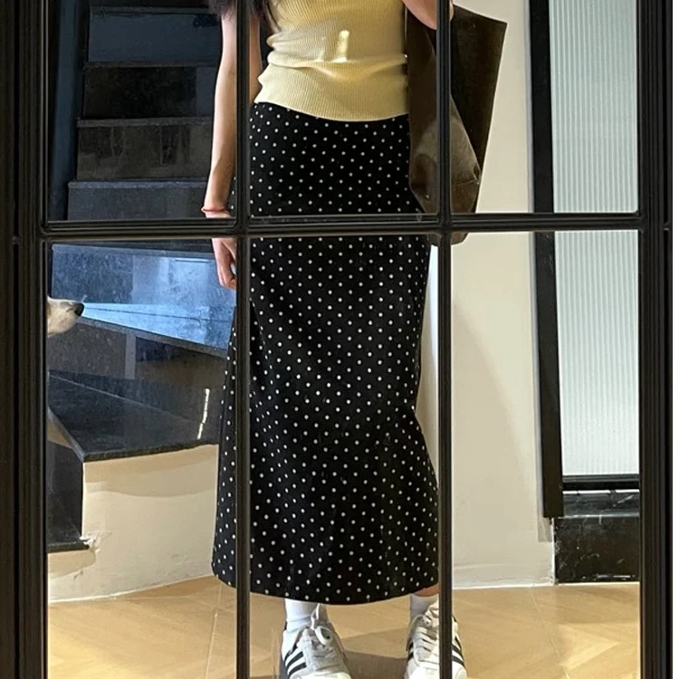 波点半身裙女2025新款春秋大码高腰显瘦中长款开叉胖MM黑色A字裙