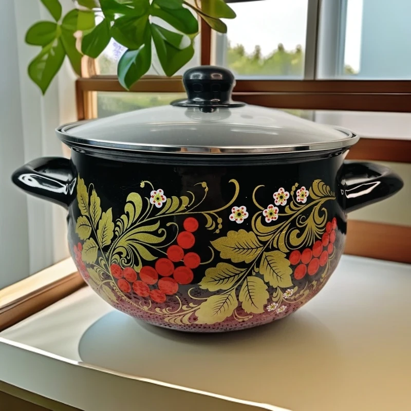 新疆包邮 20cm黑红胖锅 玻璃盖带把手好看家用带花大容量好用
