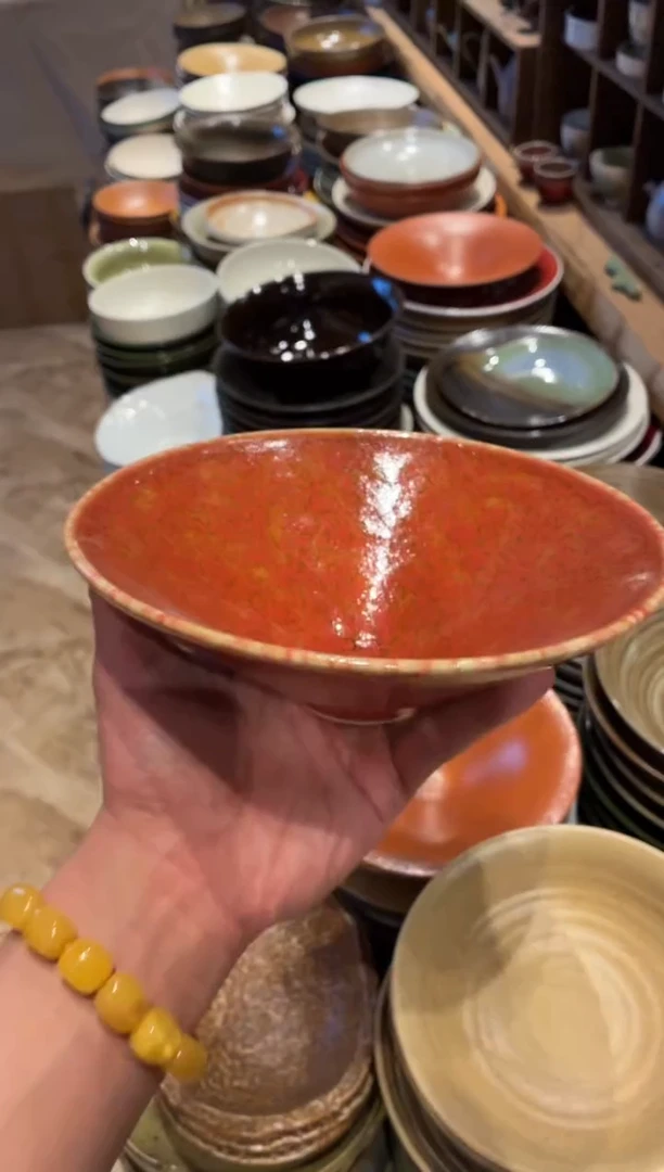 瓷片全量 8寸红色斗笠碗