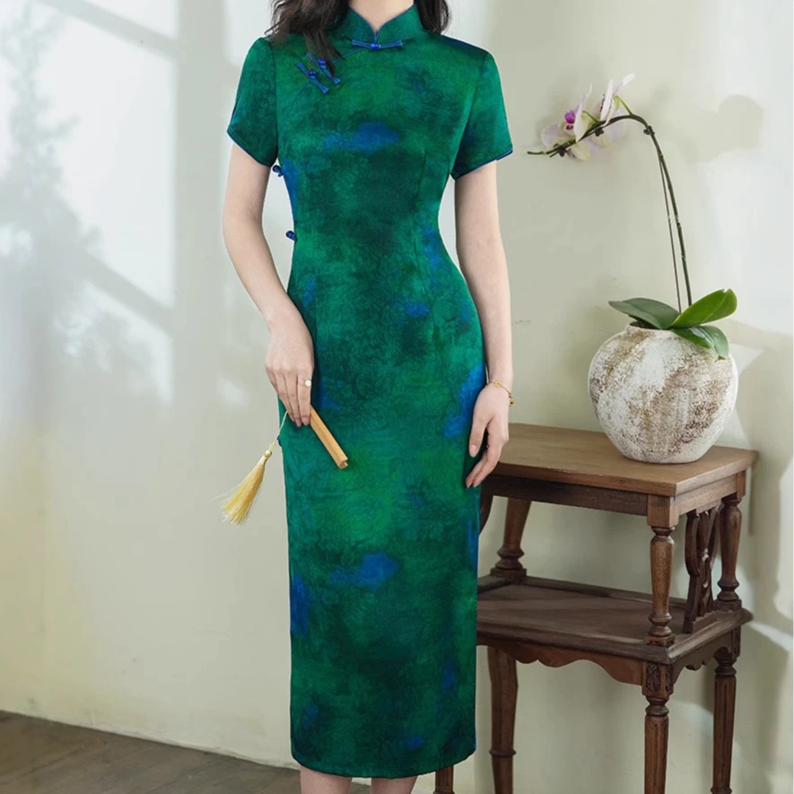 提花日常优雅绿色中长裙中式长旗袍气质旗袍夏季中国风中长款复古