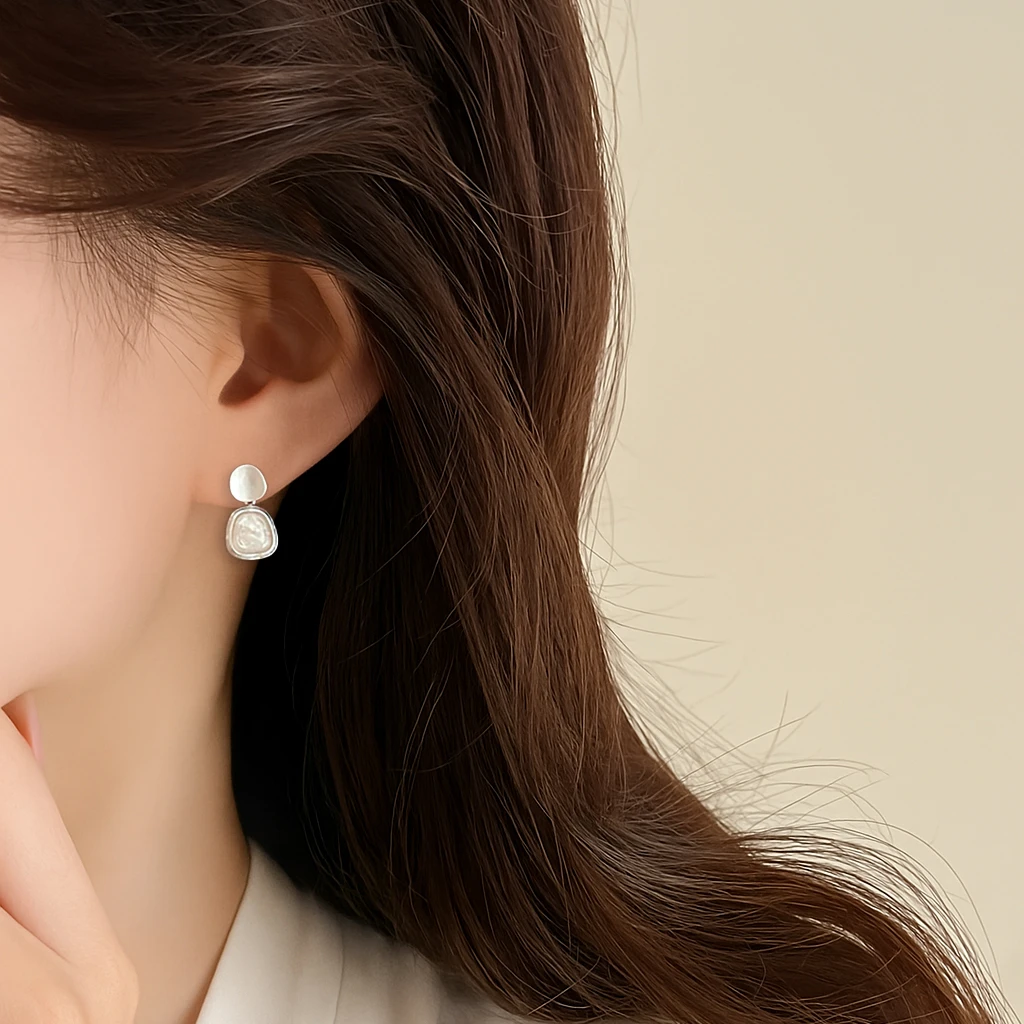 铜合金耳饰 贝壳方形耳环吊坠耳坠女新款独特轻奢高级感小众耳钉