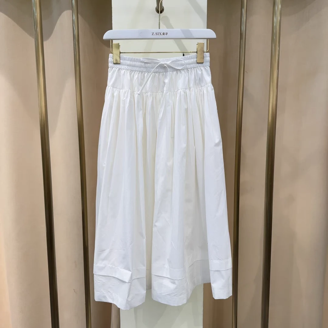 麦寻QHLBS11B春季新款中长半裙法式松紧腰微蓬刺绣字母白色百搭女