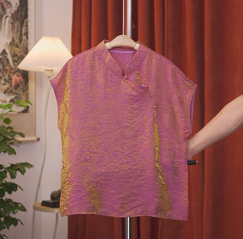 【浮光金锦】高定新中式立领款斜襟短袖真丝香云纱上衣优雅宽松百搭