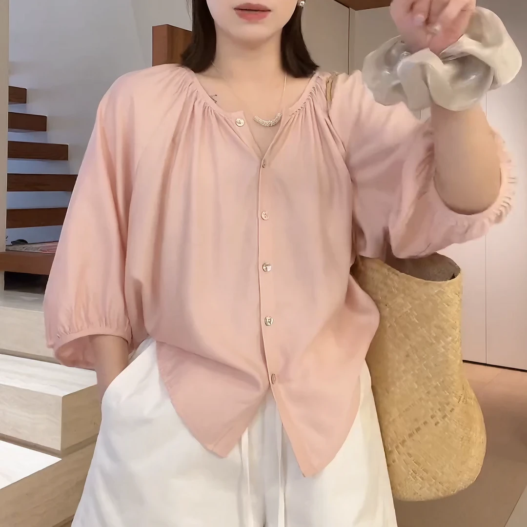 粉芙蓉 夏季气质温柔显瘦显白百搭纯色INS韩系小众衬衫LK2503256