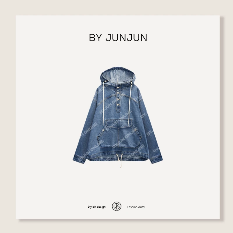 ByJunjun2025春夏新品韩系女装【雅痞少年】口袋牛仔帽衫C25W73395