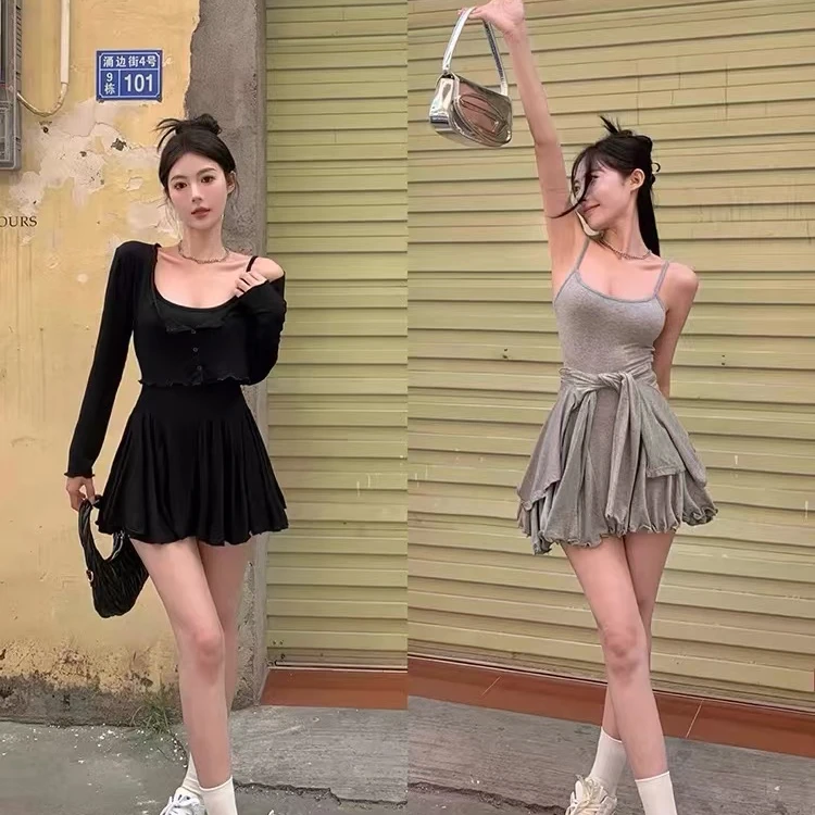 【现货专属】08252气质无袖吊带背心连衣裙+薄款开衫防晒衣套装女