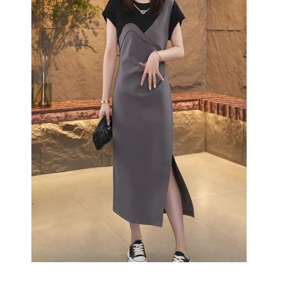 高级感时尚撞色假两件连衣裙2025夏季新款收腰显瘦低开叉气质长裙