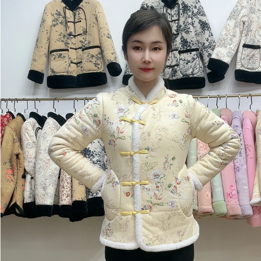 金果实品质加绒加厚国风花棉袄冬季外套棉服